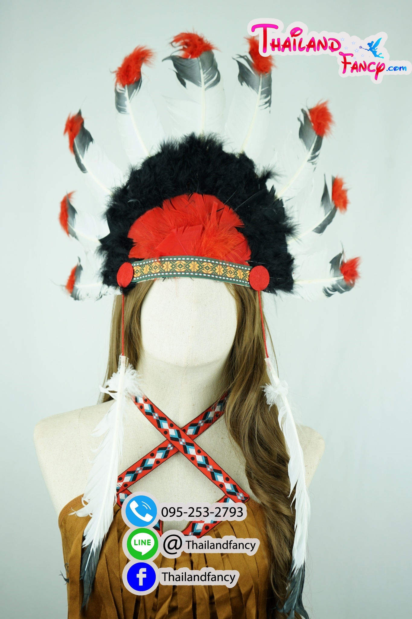 อุปกรณืแฟนซี หัวขนนกแฟนซี หัวอินเดียแดงแฟนซี คาดหัวชนเผ่าขนนก หัวโบฮีเมี่ยน หมวกอินเดียแดงขนนกสีขาวดำแดง