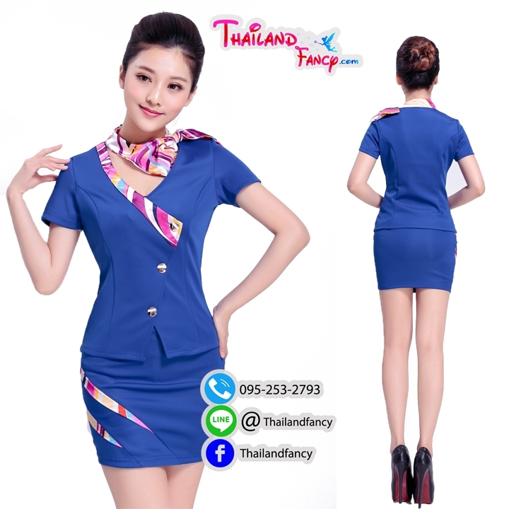 ชุดแฟนซีผู้หญิง ชุดยูนิฟอร์ม ชุดสาวสายการบิน Cosplay Airhostess ชุดแฟนซีสาวแอร์สีน้ำเงินแต่งผ้าลายทาง กระโปรงทรงสอบเข้ารูป