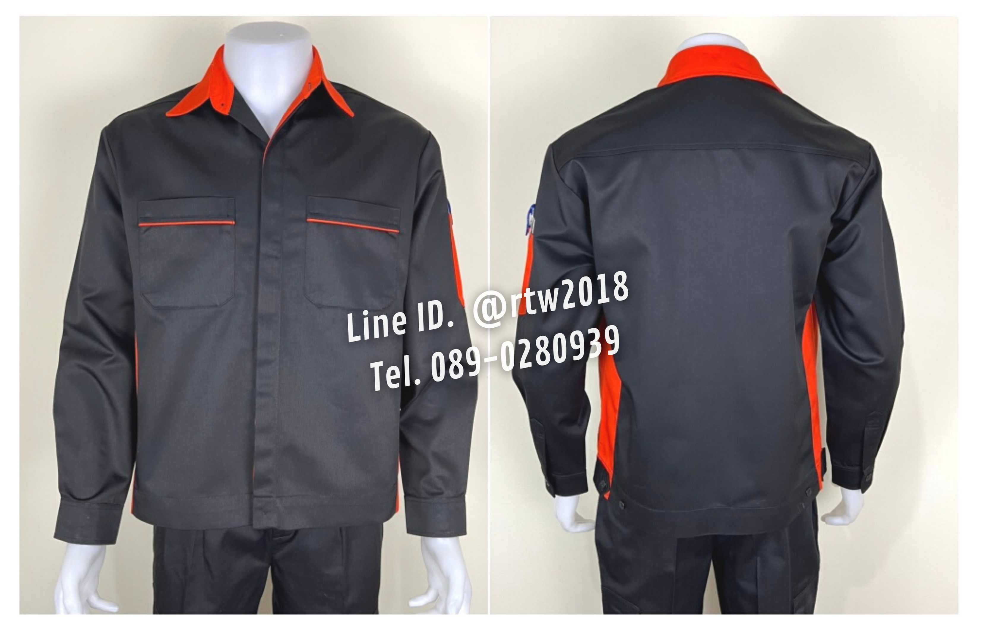 รหัส AB11.5 : เสื้อช่างแขนยาวผ้าคอมทวิวสีดำข้างส้ม (ซ่อนสาบ)