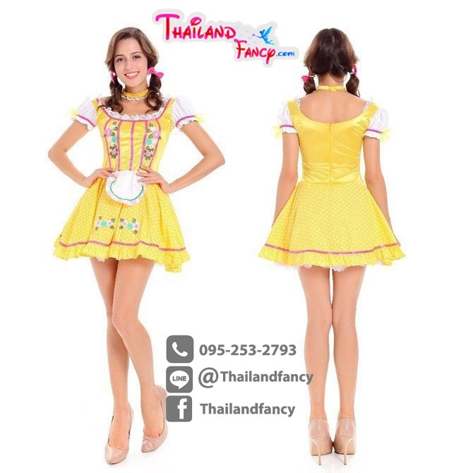 ชุดแฟนซีแม่บ้าน ชุดสาวเสริฟ ชุดบาวาเรีย ชุดเทศกาลเบียร์ ชุดโบฮีเมียนสีเหลืองแต่งลายแขนตุ๊กตาผ้ากันเปื้อนสีขาว