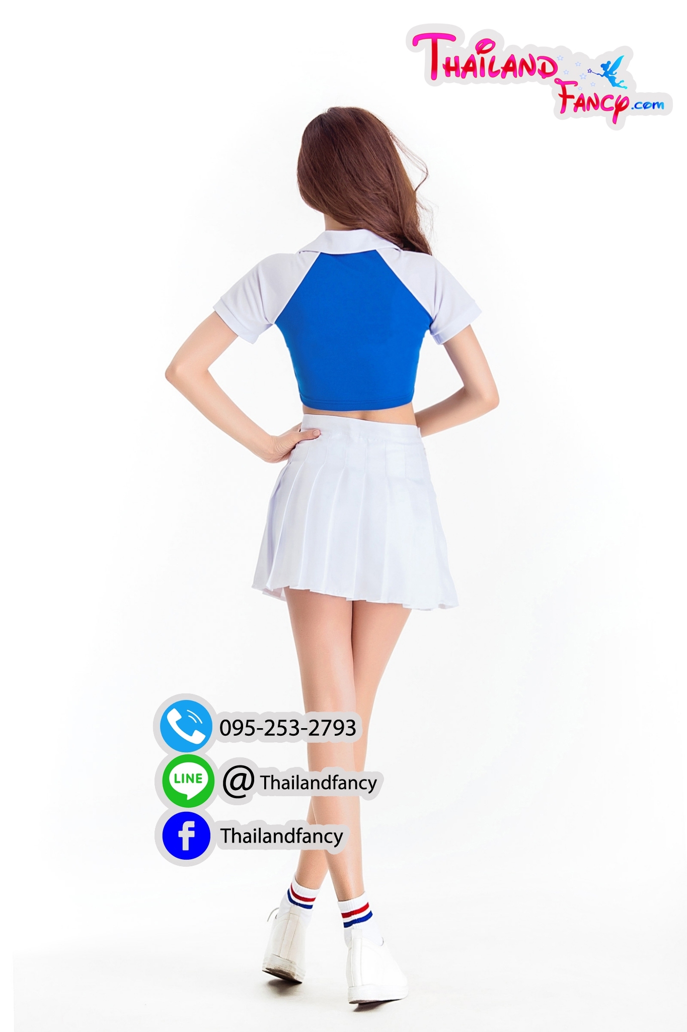 ชุดคอสเพลย์เชียร์กีฬา ชุดแฟนซีปอมปอมเชียร์ Cheerleader Pom Pom Cosplay ชุดเชียร์ลีดเดอร์ ชุดกีฬาสี สีน้ำเงินแขนขาว กระโปรงจีบ