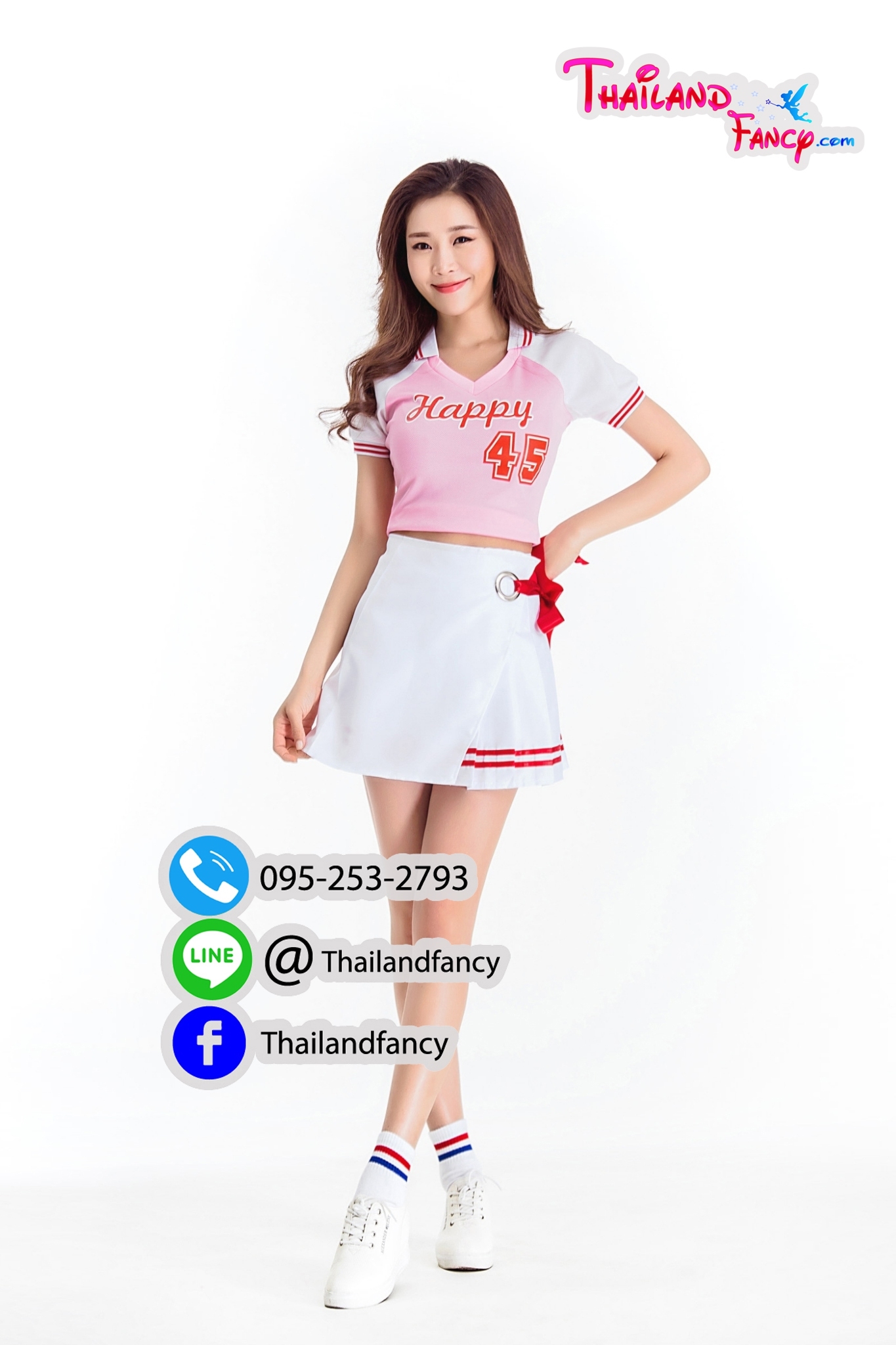 ชุดแฟนซีปอมปอม ชุดเชียร์ลีดเดอร์ ชุดเชียร์กีฬาสี Cheerleader Cosplay ชุดปอมปอมเชียร์กีฬา ชุดปาร์ตี้บริษัท ชุดกีฬาสีออฟฟิศ เสื้อสีชมพู แขนสีขาว กระโปรงผูกโบว์แดง