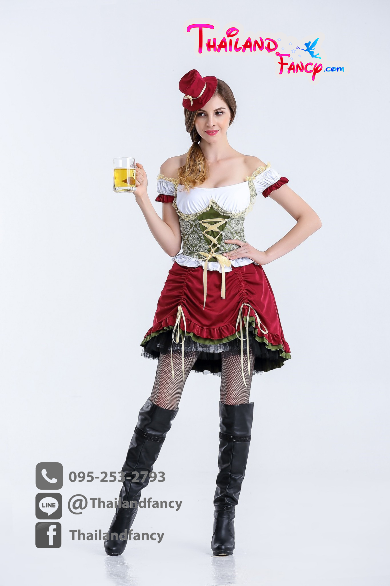 ชุดแฟนซี Fancy ชุดคอสเพลย์ Cosplay Oktoberfest ชุดเทศกาลเบียร์ ชุดเบียร์เยอรมัน ชุดบาวาเรีย ชุดเมดแม่บ้าน ชุดสาวเสริฟ ชุดอ๊อกโทเบอร์เฟสต์ เดรสแดงเขียวแขนพองตุ๊กตา