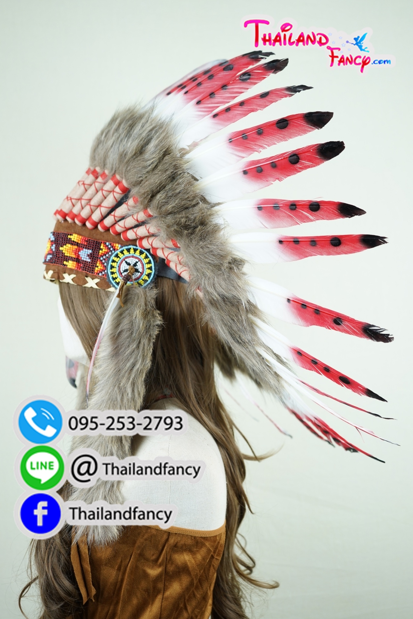 เช่าอุปกรณืแฟนซี หัวขนนกแฟนซี เช่าหัวขนนกอินเดียแดงแฟนซี หัวชนเผ่าขนนก หัวโบฮีเมี่ยน หมวกอินเดียแดงขนนกหัวหน้าเผ่ารุ่นลายจุด