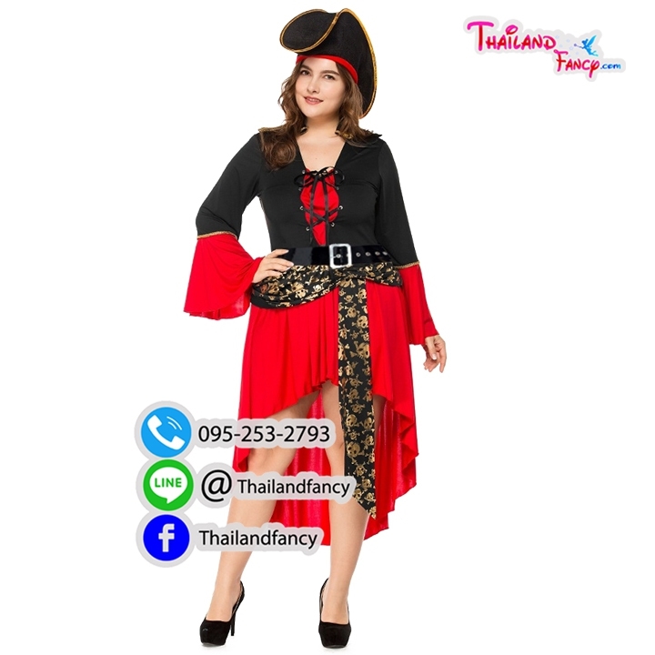 ชุดเช่าแฟนซีผู้หญิงพลัสไซส์ ชุดเช่าสาวโจรสลัด โจรสาวของแจ๊คสแปร์โรว์ Pirate of the Caribbean ชุดคอสเพลย์เดรสสั้นโจรสลัดสาวดำแดงแต่งลายทองกระโหลกไขว้