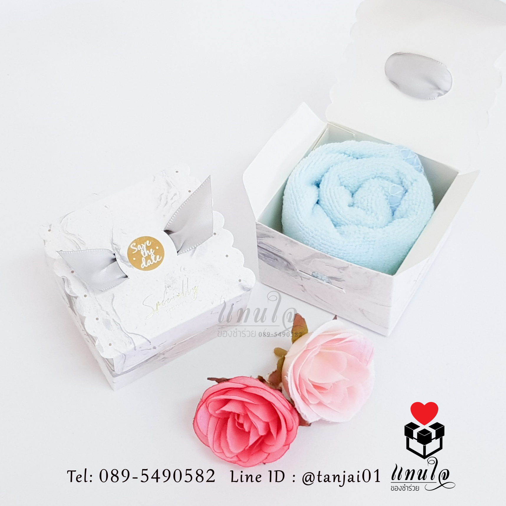 ของชำร่วยแต่งงาน 💕 ผ้าขนหนูลายหมีพร้อมหูหิ้ว ในกล่องริบบิ้นปีกนก💕 สวยหรู💕