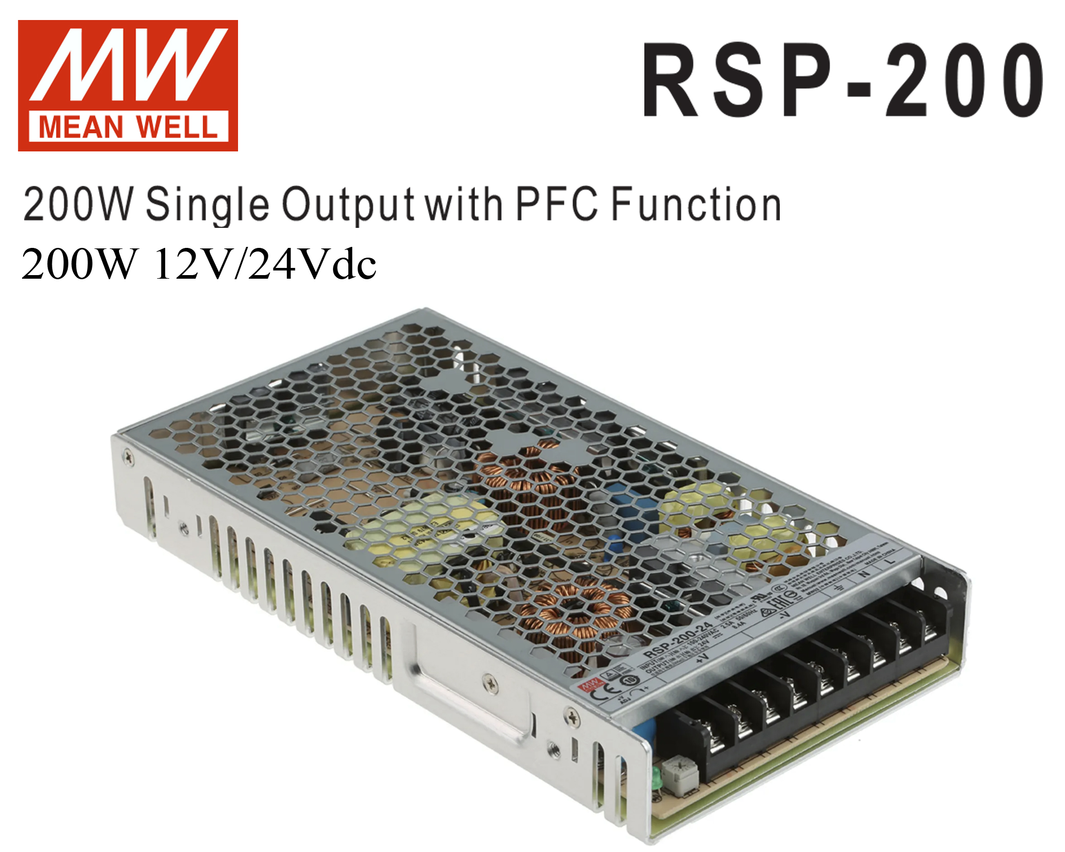 หม้อแปลง Low Harmonic O/P PFC series Meanwell 200W 12 / 24Vdc