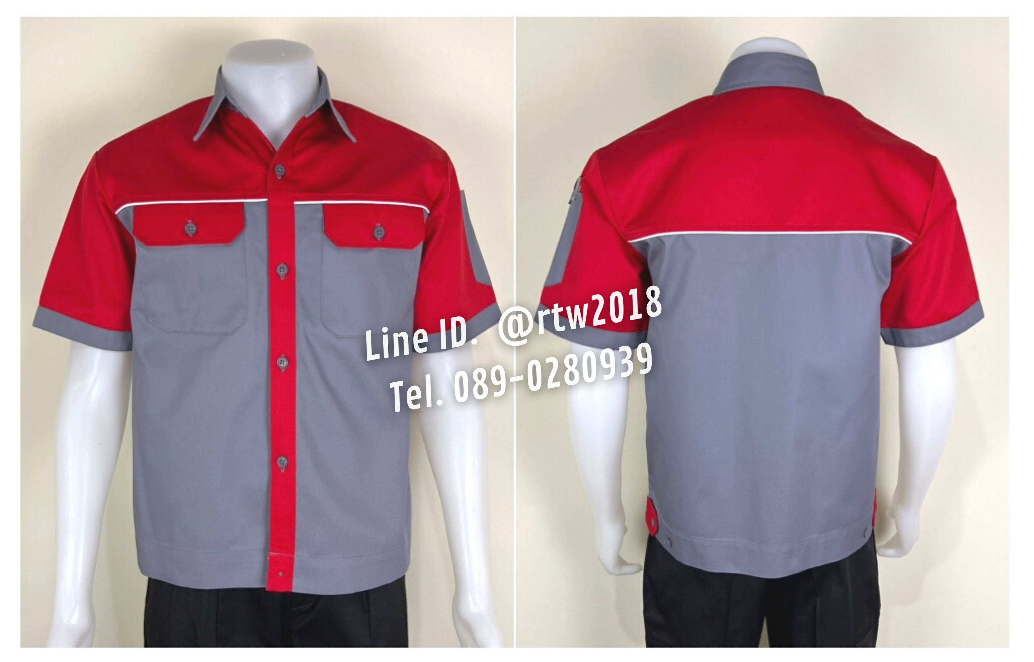 รหัส A25.3 : เสื้อช่างแขนสั้นผ้าคอมทวิวสีเทาอก+แขนแดง (กุ้นขาว)