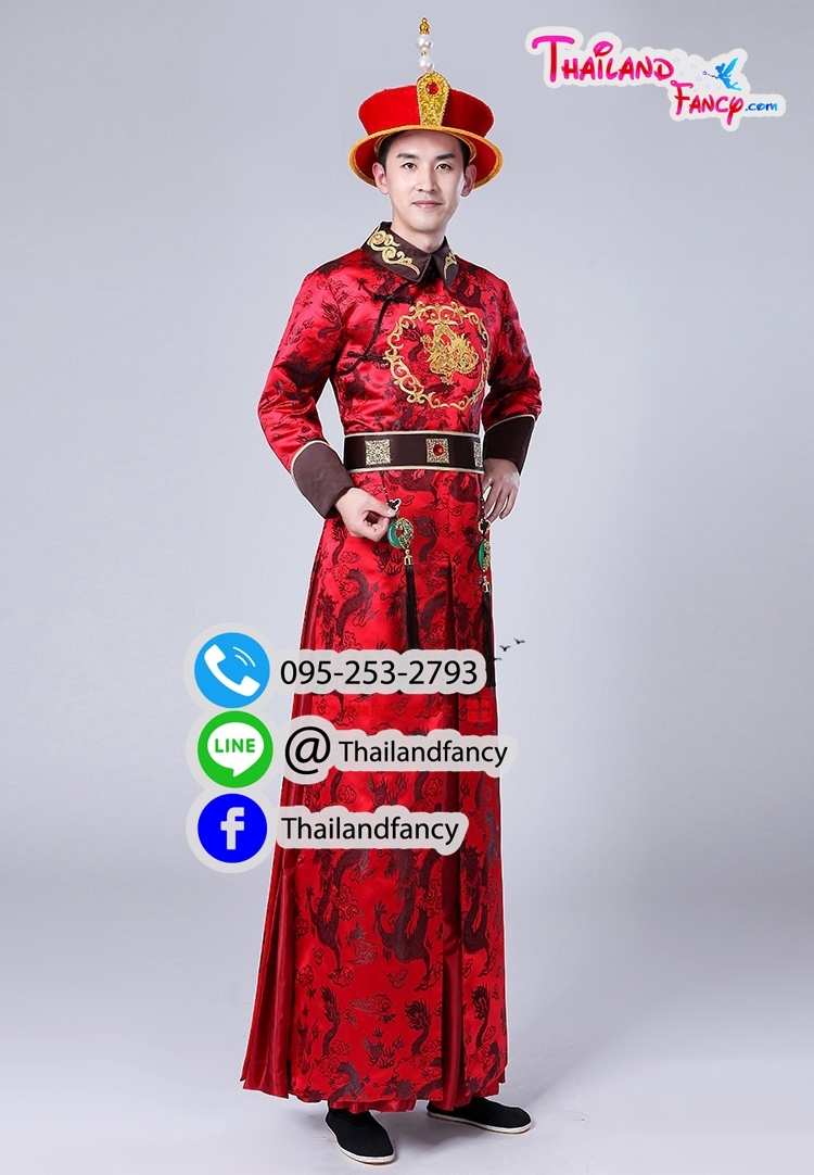 ชุดเช่าแฟนซีผู้ชาย ชุดจีนโบราณ ชุดจักรพรรดิจีน ชุดฮ่องเต้ ชุดราชวงศ์หนังจีนกำลังภายใน เช่าชุดฮ่องเต้จีนผู้ชาย สีแดงแต่งมังกรทอง