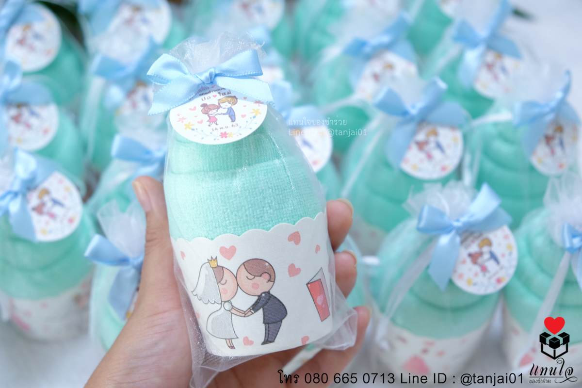 ของชำร่วยงานแต่ง ไอเดียของชำร่วย ผ้านาโนม้วนไอติม ในถุงไหมแก้ว ขนาดผ้าเช็ดผม ของชำร่วยงานมีประโยชน์