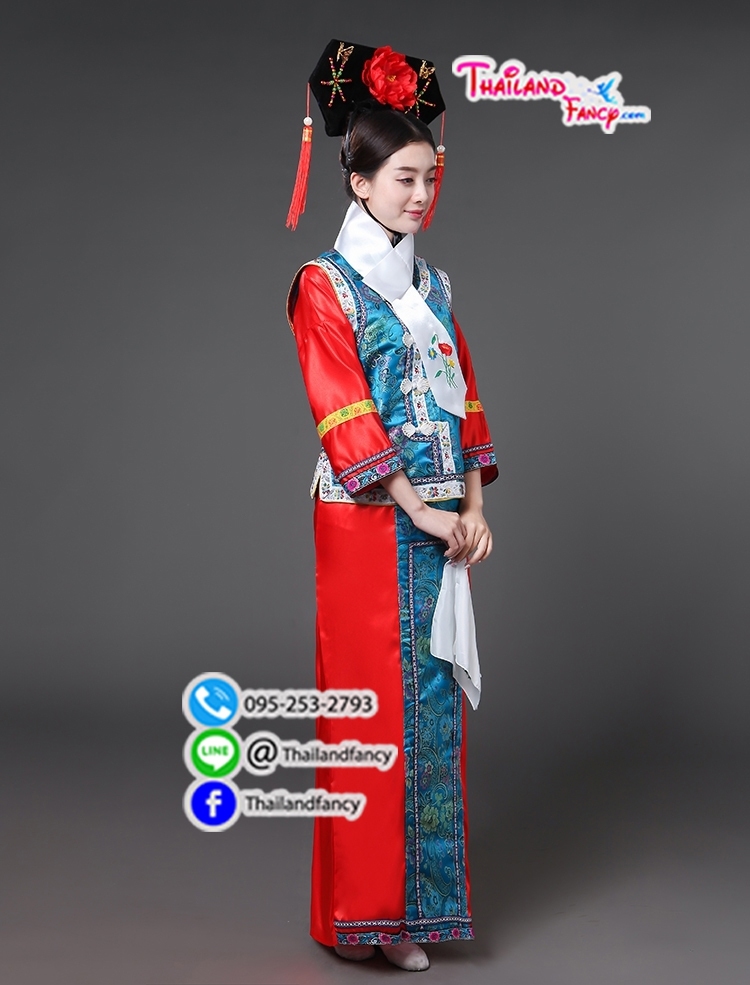 ชุดเช่าแฟนซีผู้หญิง ชุดจีนกำลังภายใน ชุดแฟนซีซูสีไทเฮา ชุดคู่ฮ่องเต้ ชุดราชวงศ์หนังจีน ชุดเช่าฮองเฮาจีนสำหรับผู้หญิง สีแดงสดกั๊กฟ้าครามแต่งลายจีน