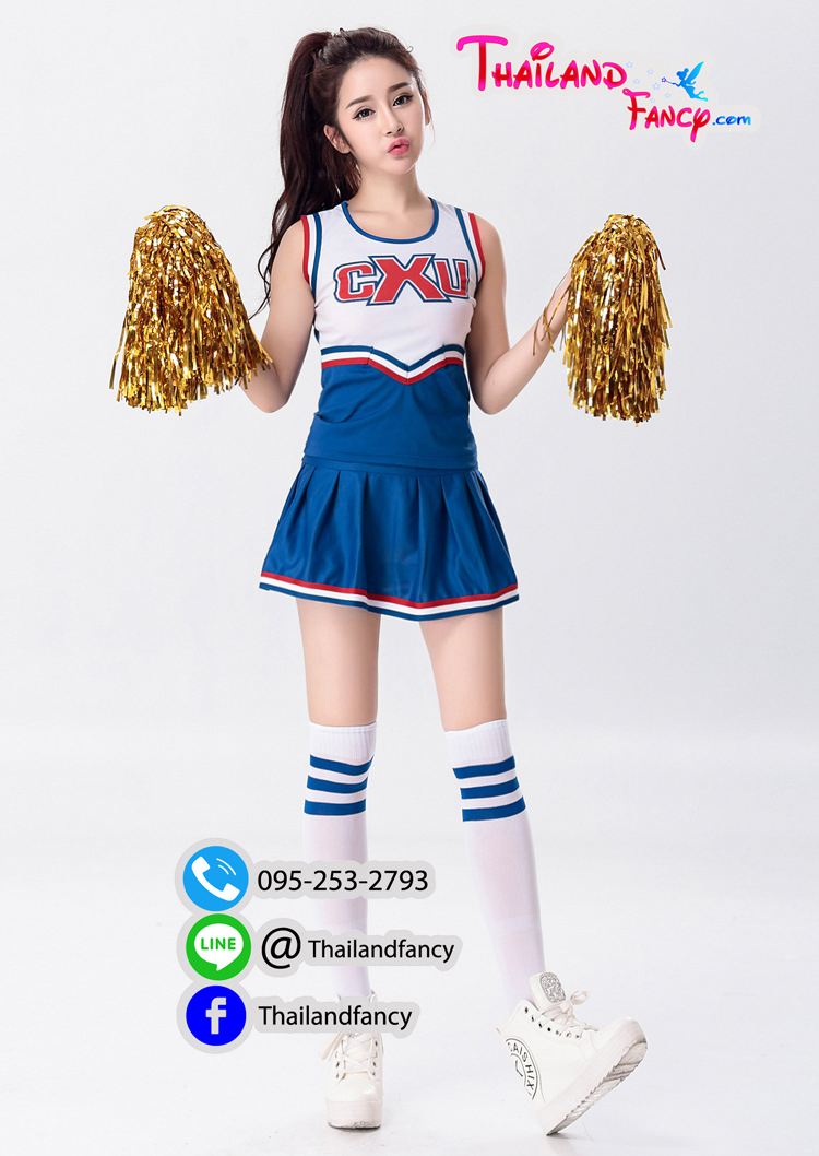 ชุดแฟนซีปอมปอม ชุดเชียร์กีฬา ชุดคอสเพลย์ Cosplay ชุดปอมปอมเชียร์ขาวน้ำเงินแขนกุด กระโปรงสั้นจีบรอบตัว