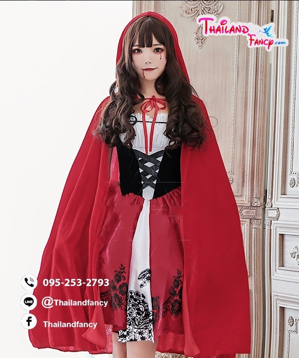 ชุดแฟนซี หนูน้อยหมวกแดง ชุดคู่หมาป่า Cosplay Halloween ชุดการ์ตูนหนูน้อยหมวกแดง เดรสแขนกุดพร้อมผ้าคลุมสีแดง