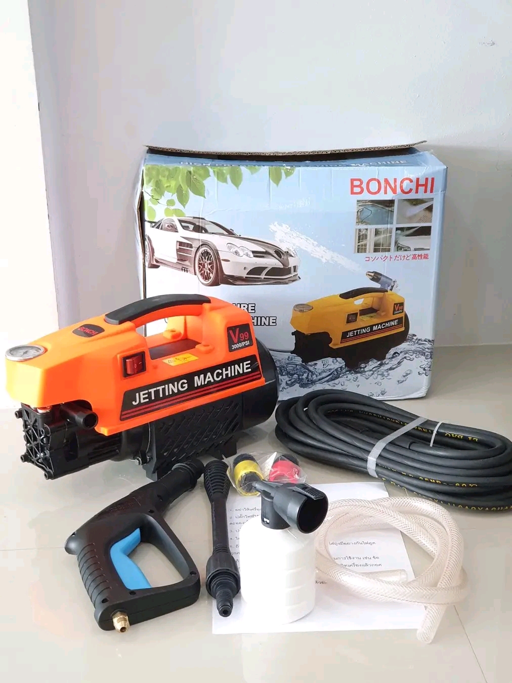 เครื่องอัดฉีดแรงดันสูง Bonchi 350 บาร์ รุ่น 3 ระบบ ต่อจากก๊อกน้ำ ดูดน้ำจากถังได้ ทำโฟมได้ในตัว