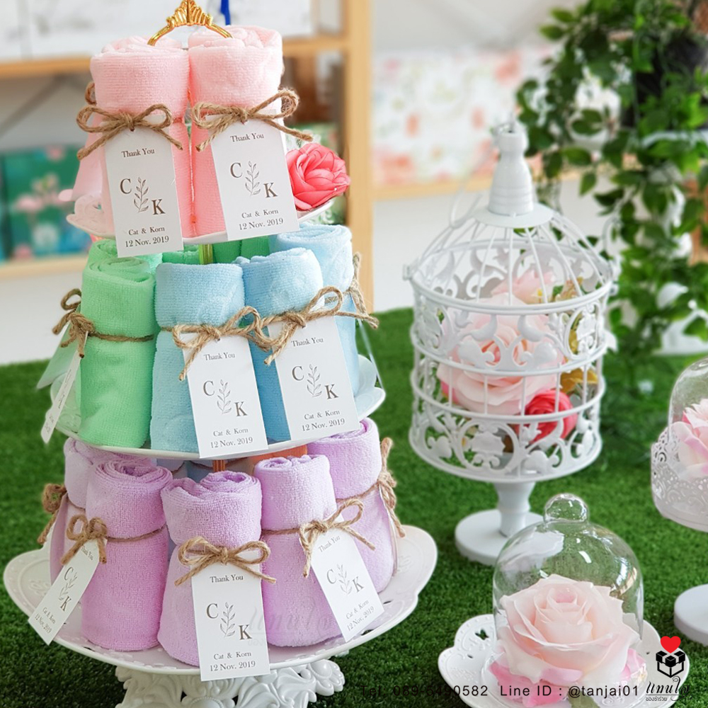 ของชำร่วยแต่งงาน ผ้าลายหมีพร้อมหูหิ้ว สีพาสเทล ป้ายชื่อผูกโบว์เชือกป่าน 💕เริ่มต้น 13 บาท💕 ผ้าขนาด 30x30 cm