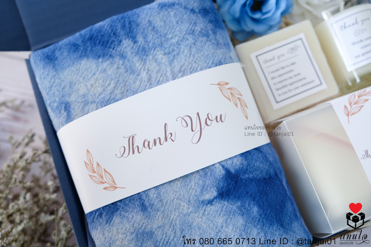 ของรับไหว้พรีเมี่ยมจัดเซ็ต ของรับไหว้ผู้ใหญ่ ชุดยกน้ำชา ของขวัญ ของสัมนาคุณลูกค้า ผ้าพันคอย้อมครามแท้ หรูหรา มินิมอล ธีมน้ำเงิน ฟ้า