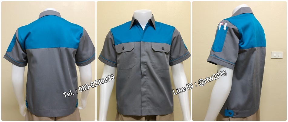 รหัส A35 : เสื้อช่างแขนสั้นแบบเทาอกฟ้ากระดุมซ่อนสาบ