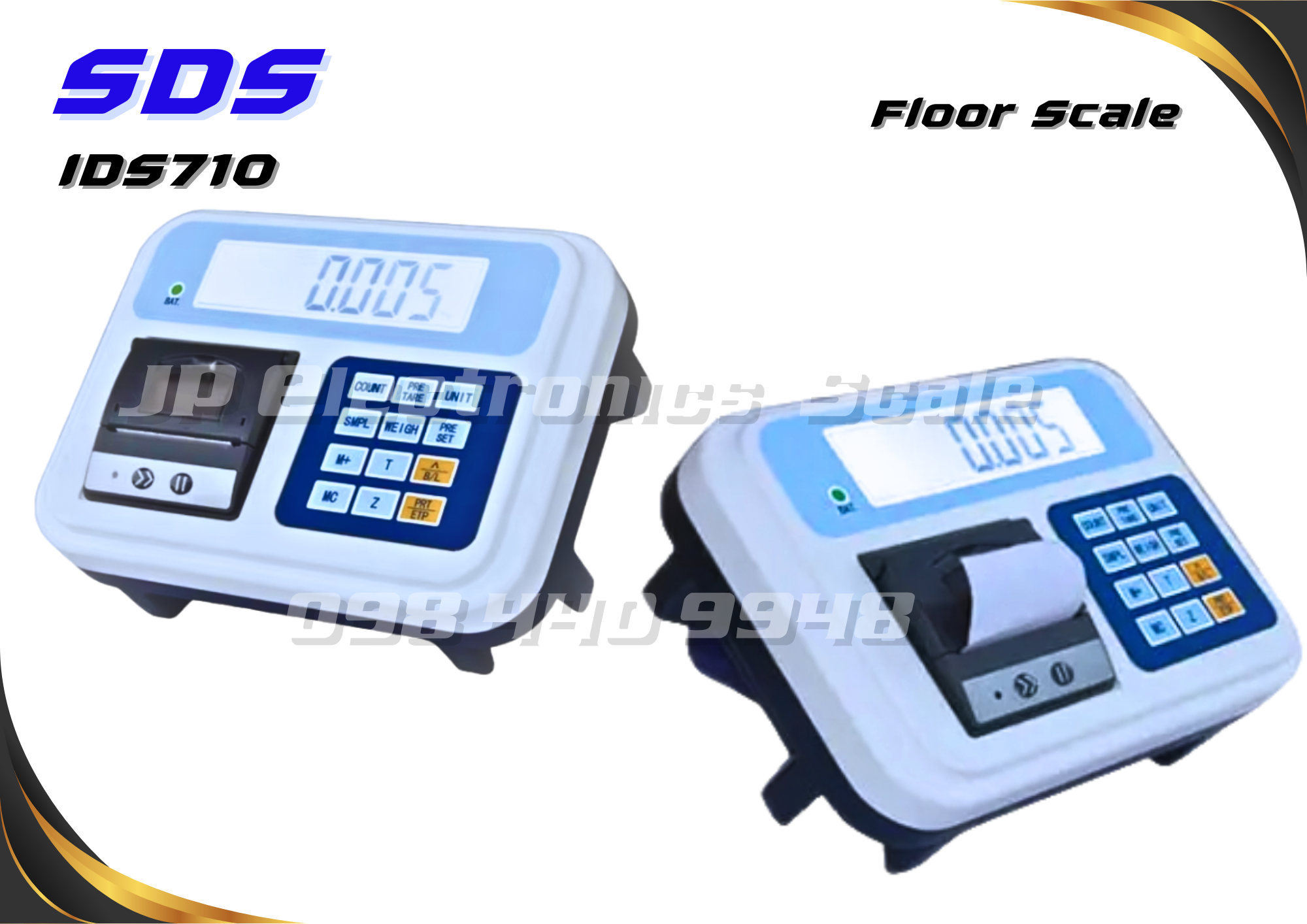เครื่องชั่งพร้อมพิมพ์ในตัว500kg เครื่องชั่งวางพื้นพร้อมพิมพ์500kg เครื่องชั่งบิ้วอินปริ้นเตอร์500kg เครื่องชั่งน้ำหนักดิจิตอลปริ้นในตัว500kg ตาชั่งปริ้นความร้อน500กิโลกรัม ค่าละเอียด100กรัม ยี่ห้อ SDS รุ่น IDS710 ขนาดแท่น 150x150cm.
