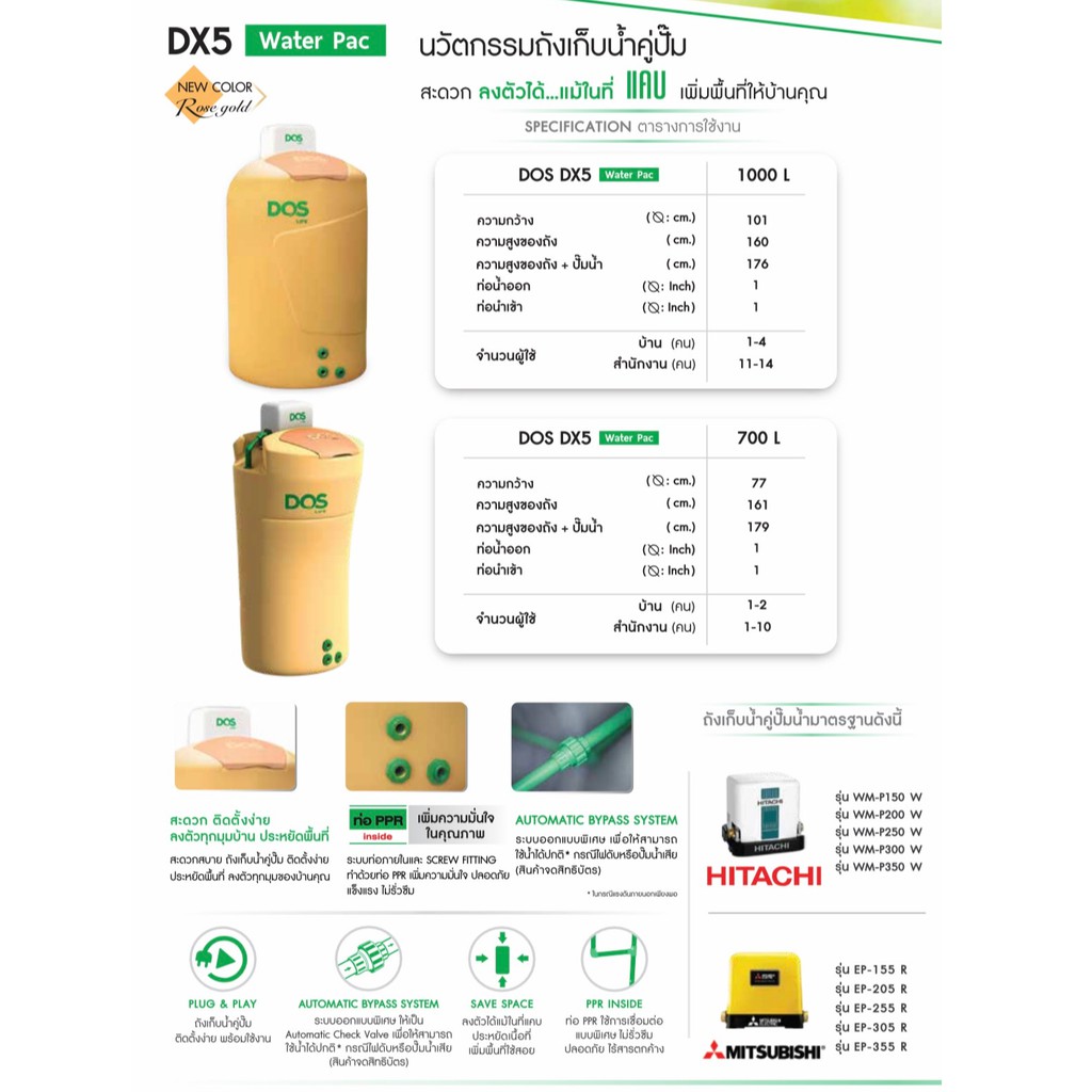 ถังเก็บน้ำ+ปั๊มน้ำ DOS DX5 WATER PAC 700L แถมฟรีชุดลูกลอย