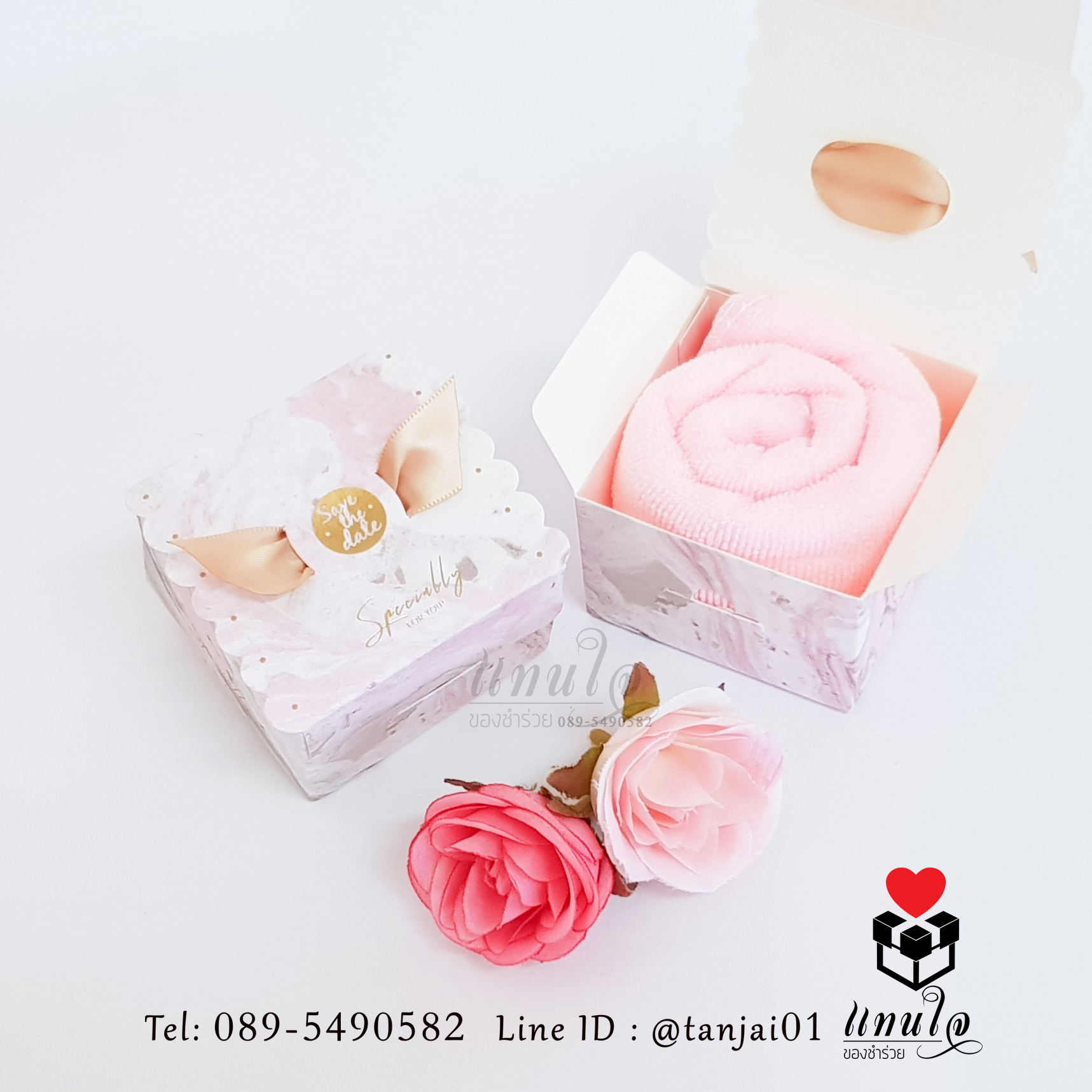 ของชำร่วยแต่งงาน 💕 ผ้าขนหนูลายหมีพร้อมหูหิ้ว ในกล่องริบบิ้นปีกนก💕 สวยหรู💕