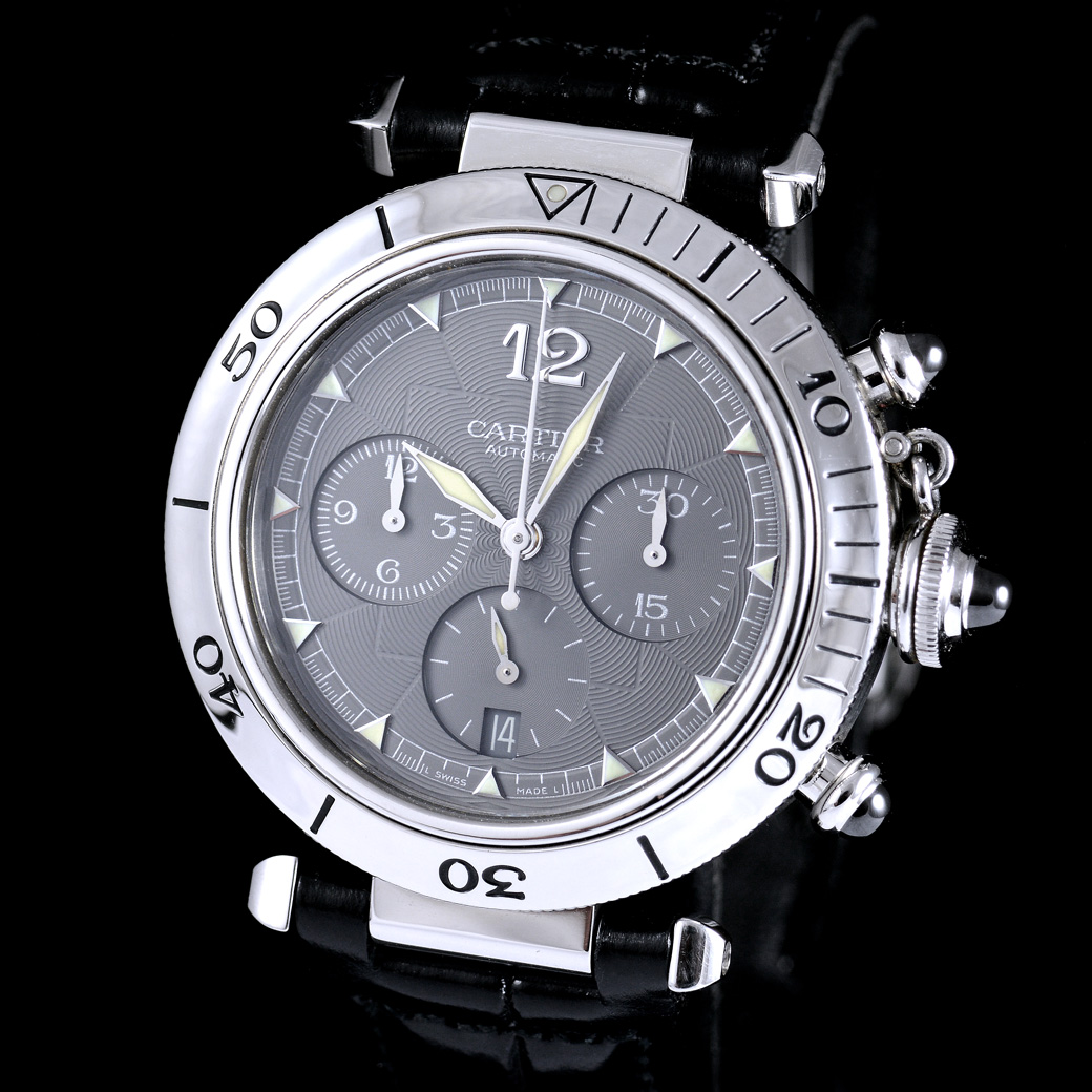 Cartier Pasha de Cartier watch, Gray Dial Chronograph In Stainless Steel หน้าปัดสีเทา หลังเปลือย หัวเข็มขัดแท้ Automatic ขนาด 39 mm