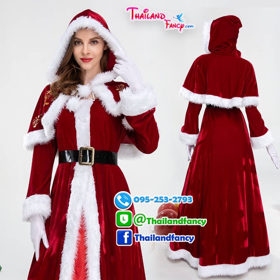 ชุดเช่าแฟนซีผู้หญิง ชุดเช่าซานตารีน่า ชุดคู่ซานต้า New Year Cosplay ชุดสาวซานตี้ ชุดเช่าแซนตี้เดรสกระโปรงยาวสีแดงมีผ้าคลุมเฟอร์หัวฮู้ท