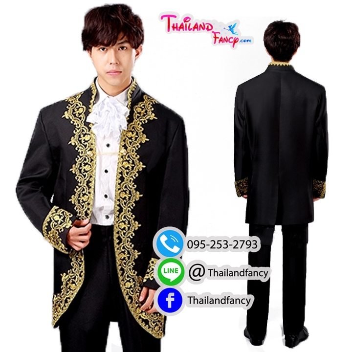ชุดเช่าแฟนซีผู้ชาย ชุดเช่าเจ้าชาย ชุดเจ้าชายผู้ใหญ่ ชุดเจ้าชายอังกฤษ Cosplay ชุดสูทเจ้าชายสีดำแต่งลายทอง