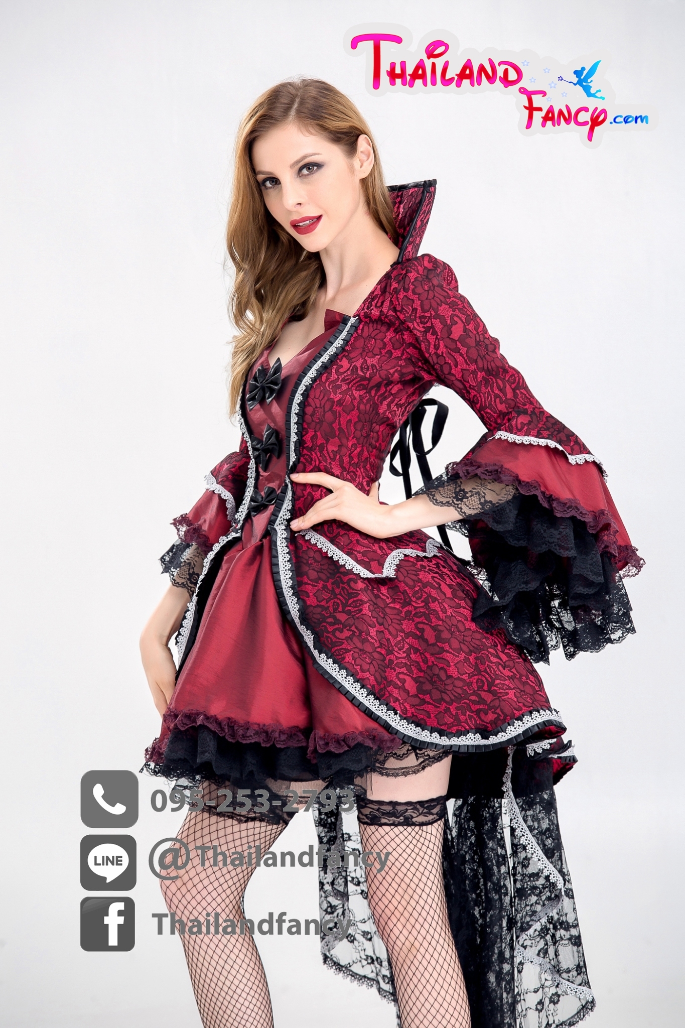 ชุดเช่าแฟนซีผู้หญิง ชุดแวมไพร์ผู้หญิง ชุดแดร็กคูล่าสาว ชุดคอสเพลย์ผีดิบ ชุดผีซอมบี้ ชุดฮาโลวีน ชุดราชินีแวมไพร์ เดรสหน้าสั้นหลังยาว