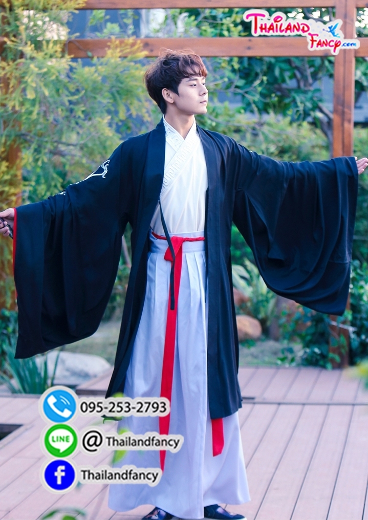 ชุดเช่าแฟนซีผู้ชาย เช่าชุดจอมยุทธ์จีน ชุดจีนโบราณชาย ชุดเจ้ายุทธภพ ชุดเจ้ายุทธจักร ชุดจีนกำลังภายใน ชุดเช่าจอมยุทธผู้ชายสีขาวเสื้อคลุมดำ