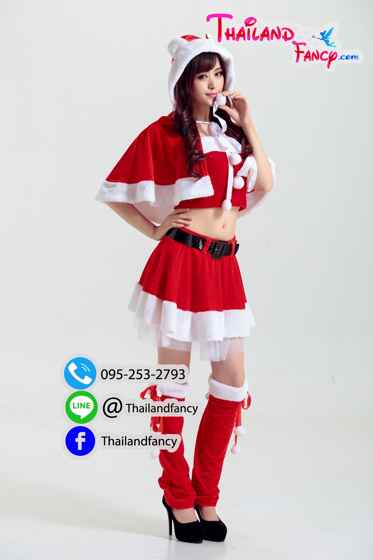 ชุดคริสต์มาสผู้หญิง ชุดซานตี้ผู้หญิง ชุดคอสเพลย์แซนตี้ ชุดซานตารีน่า ชุดแฟนซีปาร์ตี้ปีใหม่ ชุดแซนตี้เกาะอก กระโปรงบาน พร้อมผ้าคลุมฮู้ทหูหมี