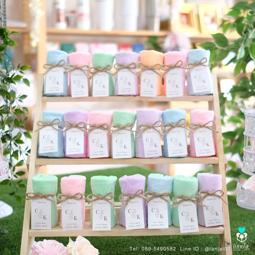 ของชำร่วยแต่งงาน ผ้าลายหมีพร้อมหูหิ้ว สีพาสเทล ป้ายชื่อผูกโบว์เชือกป่าน 💕เริ่มต้น 13 บาท💕 ผ้าขนาด 30x30 cm