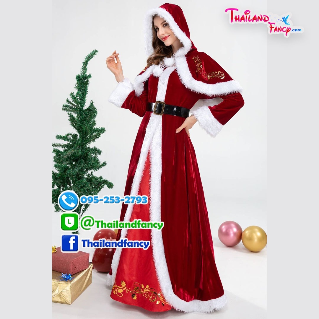 ชุดเช่าแฟนซีผู้หญิง ชุดเช่าซานตารีน่า ชุดคู่ซานต้า New Year Cosplay ชุดสาวซานตี้ ชุดเช่าแซนตี้เดรสกระโปรงยาวสีแดงมีผ้าคลุมเฟอร์หัวฮู้ท