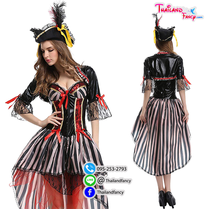 ชุดแฟนซีโจรสลัด ชุดคอสเพลย์โจรสลัด Cosplay Pirate ชุดโจรสลัดสาว ชุดโจรสลัดหญิง ชุดแจ๊คสแปร์โรว์ ชุดฮาโลวีน Halloween ชุดโจรสลัดลายทางเกาะอกดำแดง