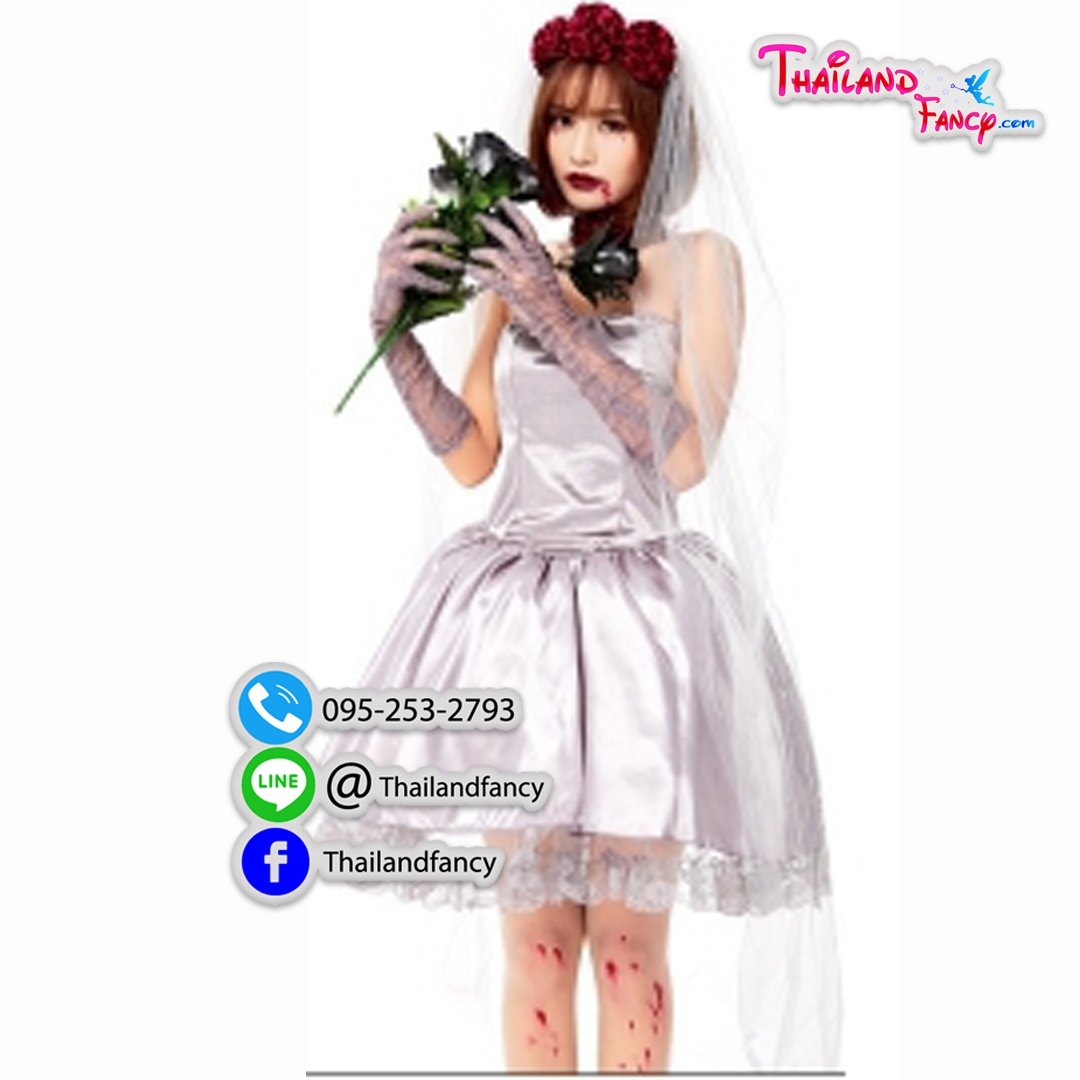 ชุดแฟนซีผีเจ้าสาว ชุดคอสเพลย์ซอมบี้ผู้หญิง ชุดเจ้าสาวผี Halloween Costume ชุดปีศาจสาว ชุดฮาโลวีน ชุดเจ้าสาวผีสีเทาดอกไม้แดง