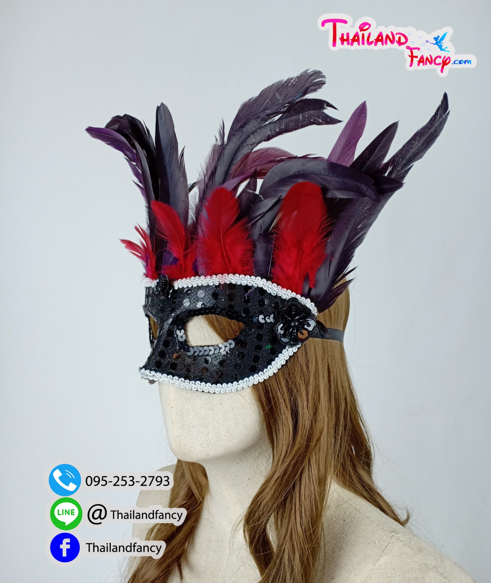 อุปกรณ์คริสต์มาส หน้ากากแฟนซี หน้ากากขนนก หน้ากากปาร์ตี้ปีใหม่ หน้ากากอินเดียแดง หน้ากากชนเผ่า หน้ากากสีดำแซมม่วงแดงแต่งเกร็ด