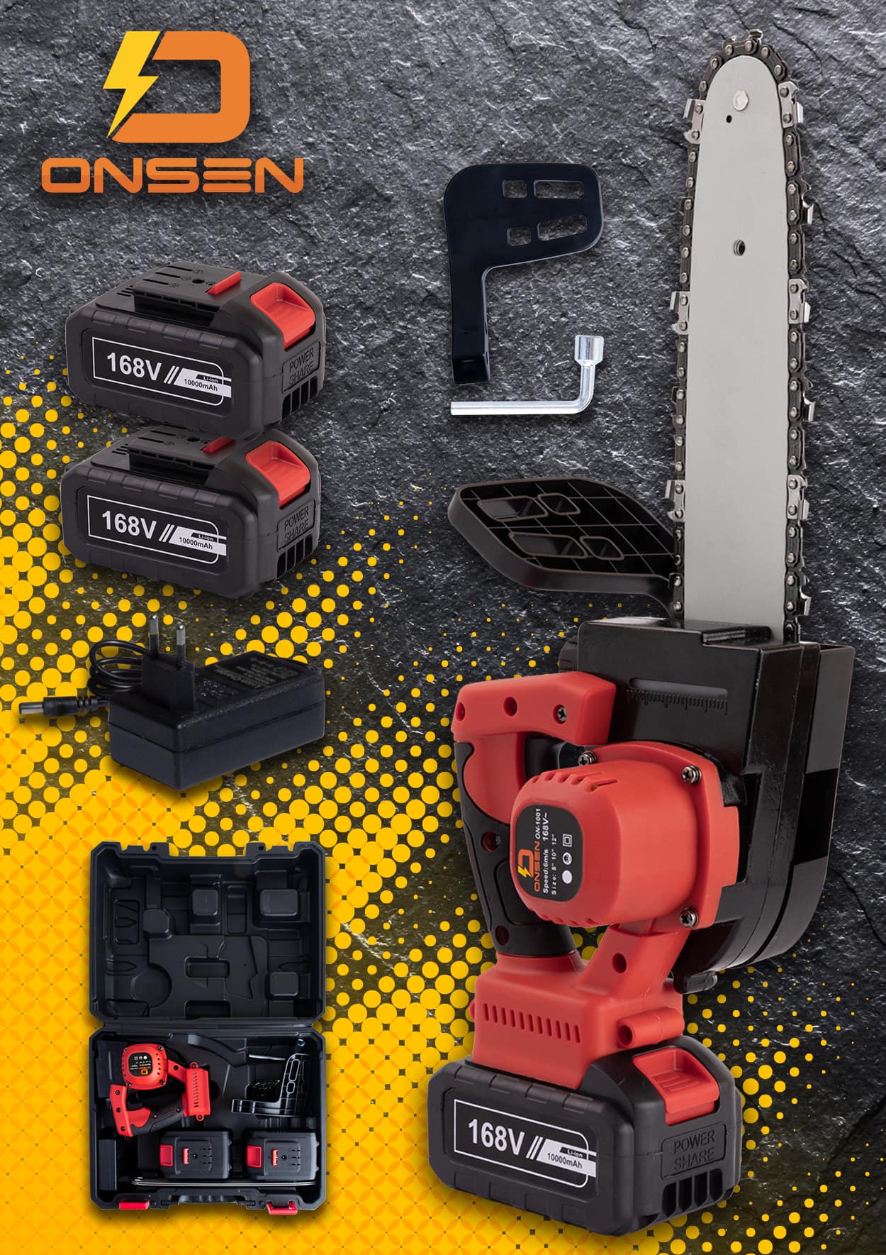 เลื่อยโซ่แบต ยี่ห้อ Onsen 168V บาร์ 11นิ้ว 2ก้อน