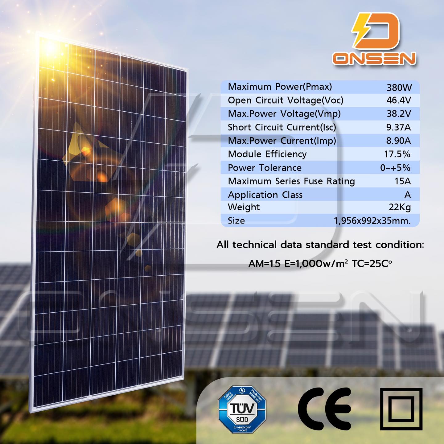 แผงโซล่าเซลล์ ยี่ห้อ Onsen SOLAR PANEL 380W พลังงานแสงอาทิตย์ แผงใหญ่