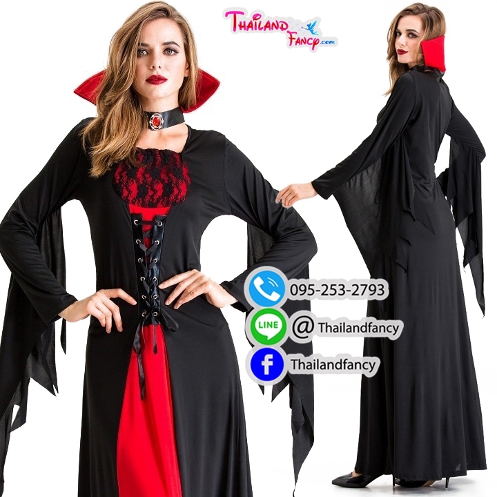 ชุดแฟนซีแวมไพร์ ชุดคอสเพลย์แวมไพร์ Vampire Cosplay Halloween ชุดแวมไพร์ผู้หญิง ชุดผีซอมบี้ดูดเลือด ชุดสาวแดร็กคูล่า ชุดราชินีแวมไพร์ดำแดงพร้อมปกคอตั้งแขนกระดิ่งชายรุ่งริ่ง