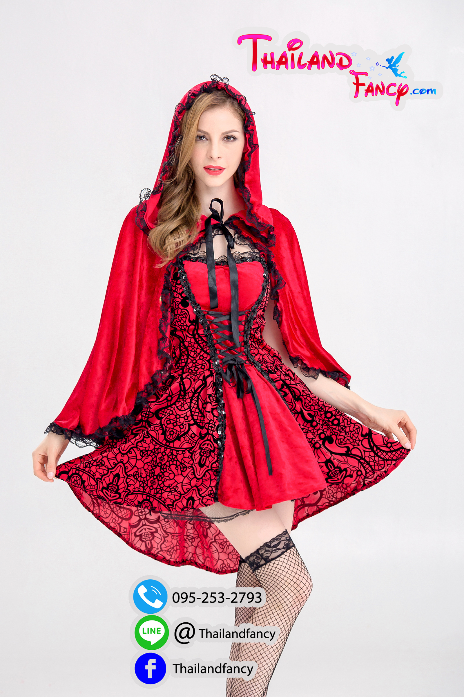 ชุดแฟนซี Cosplay หนูน้อยหมวกแดง ชุดคู่หมาป่า ชุดการ์ตูนหนูน้อยหมวกแดง เดรสเกาะอกพร้อมผ้าคลุมกำมะหยี่