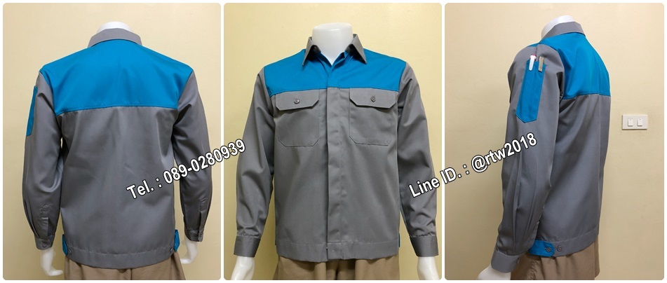 รหัส A47 : เสื้อช่างแขนยาวผ้าคอมแบบเทาอกฟ้ากระดุมซ่อนสาบ