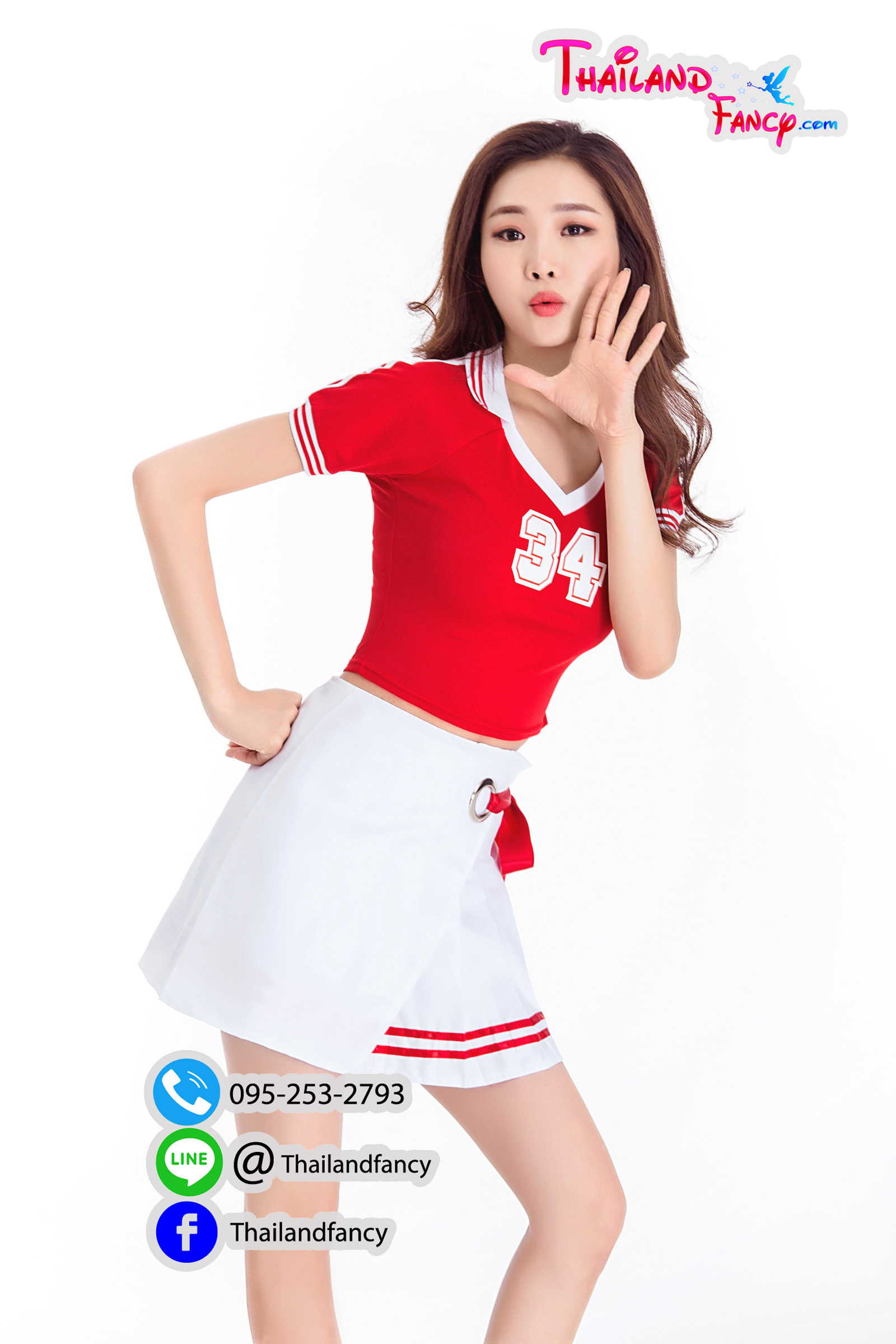 ชุดแฟนซีปอมปอมเชียร์ ชุดเชียร์ลีดเดอร์ Cheerleader Pom Poms Cosplay ชุดวงเกาหลี ชุดเชียร์กีฬาสีแดงโปรงขาวผูกโบว์