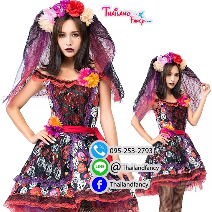 Zombie Cosplay ชุดฮาโลวีนผีเจ้าสาว ชุดผีซอมบี้ ชุดเจ้าสาวผีสีแซ่บ เดรสโปรงฟูลายหัวกระโหลกพร้อมเวลคลุมเจ้าสาว