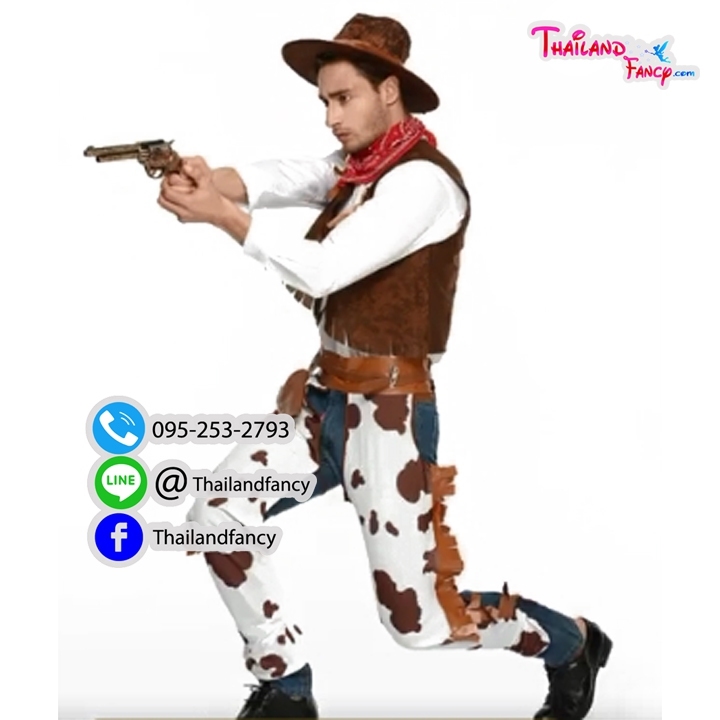ชุดแฟนซีชาย Cowboy Cosplay ชุดคนเลี้ยงวัว ชุดโคบาล ชุดคาวบอยผู้ชาย ชุดสไตล์คาวบอยสีขาวน้ำตาลลายวัวพร้อมเสื้อกั๊ก