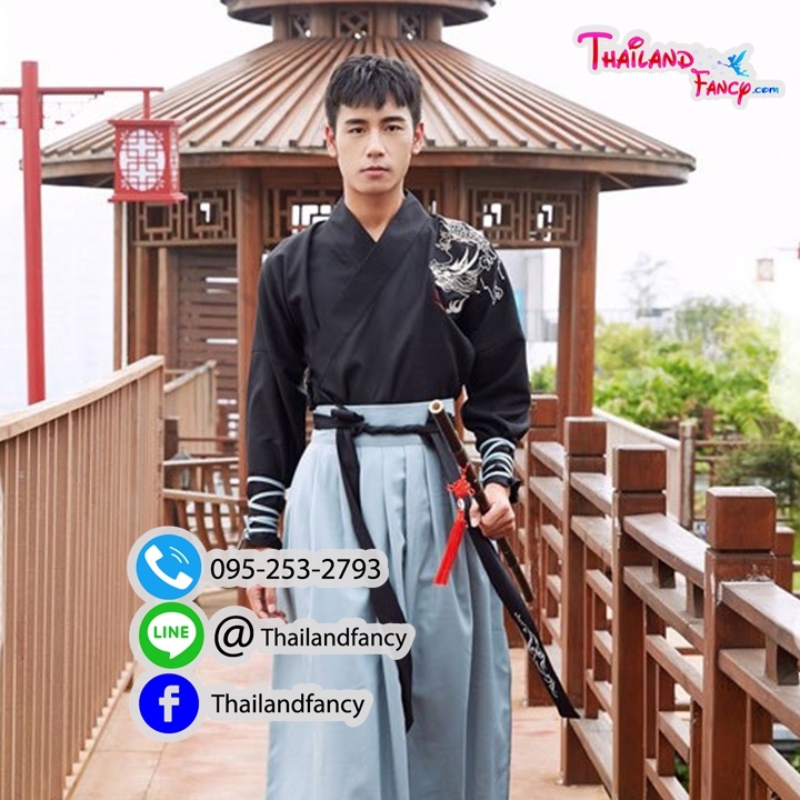 ชุดเช่าแฟนซีผู้ชาย เช่าชุดจีนโบราณ ชุดแฟนซีนานาชาติ ชุดจอมยุทธ์ชาย ชุดเจ้ายุทธภพ ชุดนานาชาติ ชุดจีนกำลังภายใน ชุดเช่าจีนกำลังภายในผู้ชายเสื้อสีดำโปรงเทา