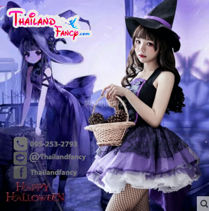 ชุดคอสเพลย์แม่มด ชุดแม่มดฮาโลวีน Halloween ชุดแฟนซีผีผู้หญิง ชุดแม่มดสีม่วงดำโปรงหางปลาหนาสั้นหลังยาว