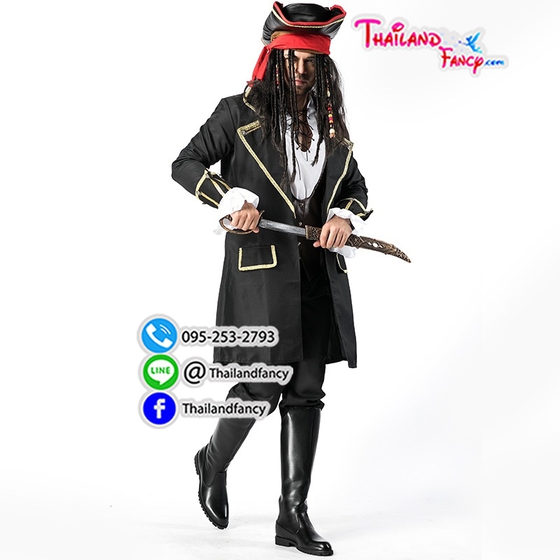 ชุดเช่าแฟนซีผู้ชาย ชุดเช่าโจรสลัดชาย ชุดเช่ากัปตันแจ๊คสแปร์โรว์ Pirate Jack Sparrow Cosplay เสือโค้ทดำเสื้อกั๊กหนังน้ำตาล