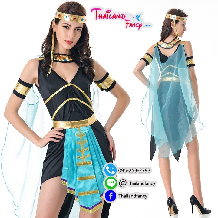 ชุดแฟนซีผู้หญิง Greek Cosplay ชุดเทพเจ้ากรีก ชุดเทพธิดากรีก ชุดอียิปต์ ชุดคลีโอพัตรา ชุดโรมันหญิง เดรสดำแขนกุดแต่งผ้าฟ้าและทอง