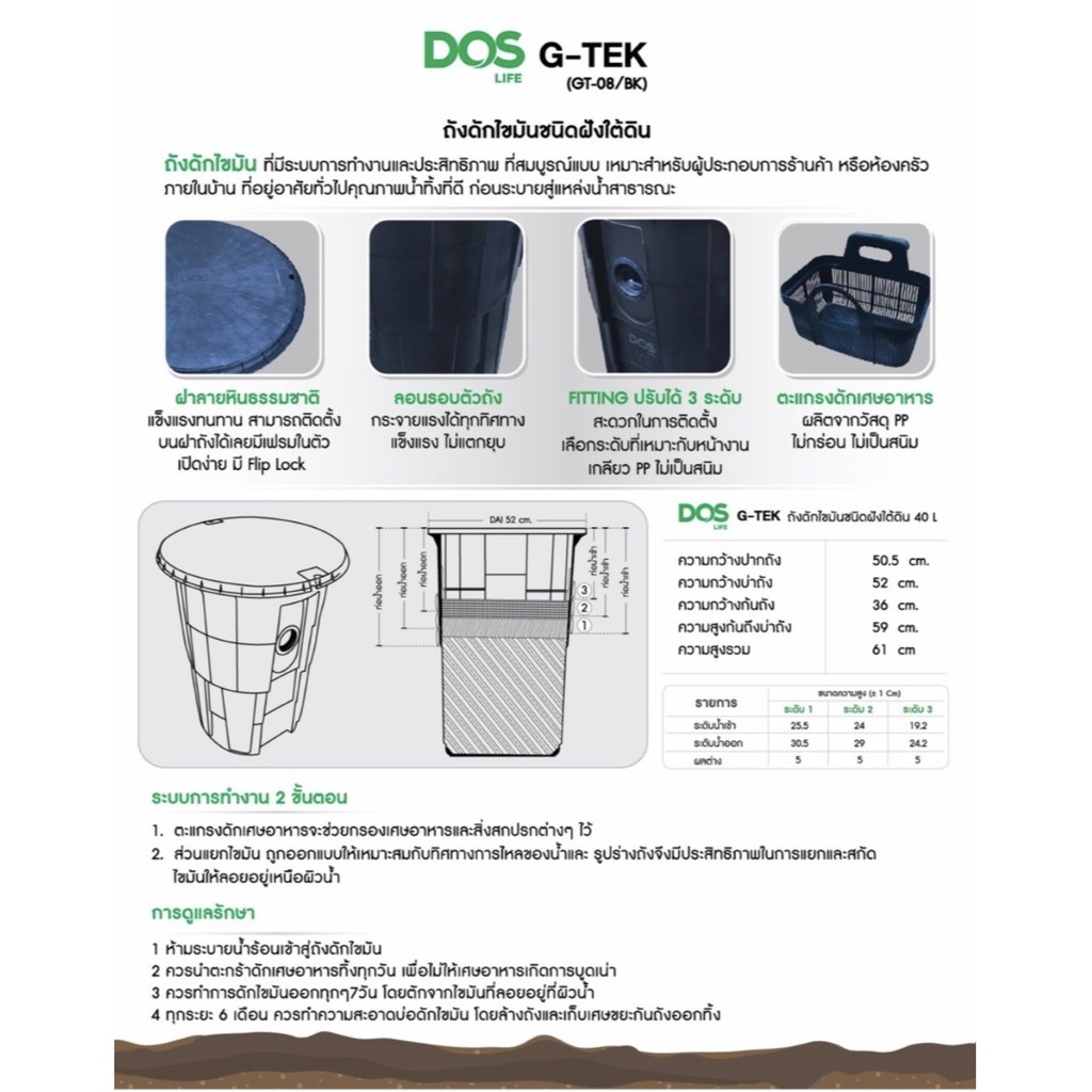 ถังดักไขมัน DOS G-TEK 40L แบบฝังใต้ดิน แถมฟรีชุดข้ออ่อน