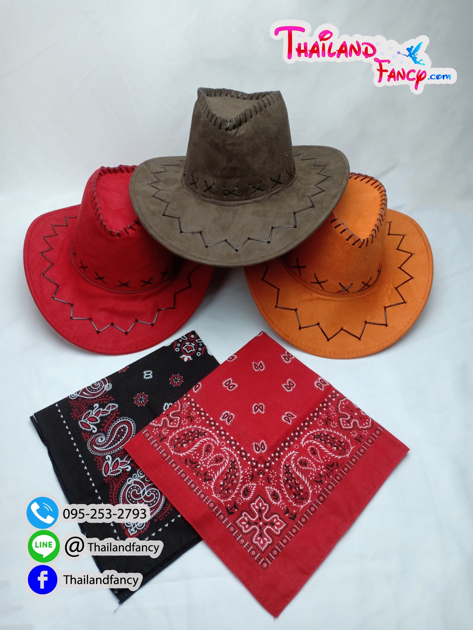 อุปกรณ์คอสเพลย์ อุปกรณืแฟนซี หมวกแฟนซีหนังเทียม หมวกหนังคาวบอย Cowboy Hat Cosplay หมวกคาวเกิร์ล หมวกหนังกลับ พร้อมผ้าพันคอคาวบอย