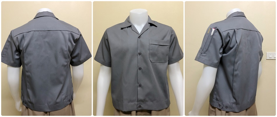 รหัส A 43 : เสื้อช่างแขนสั้นแบบกระเป๋าเดียวเอวจั้มสีเทาล้วน